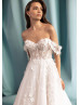 Off Shoulder Beaded Ivory Lace Tulle Floral Wedding Dress